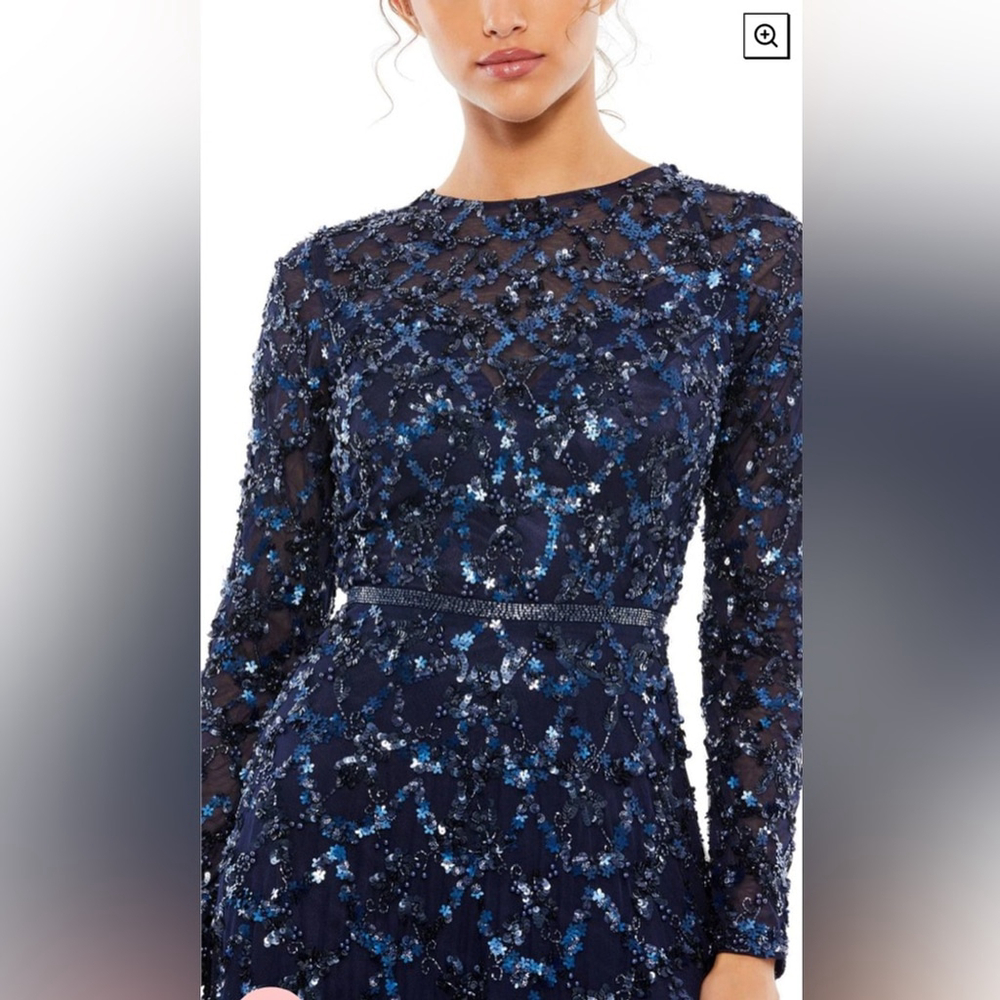 Mac Duggal Lattice sequined illusion neckline long sleeve A-line gown midnight - Picture 4 of 4